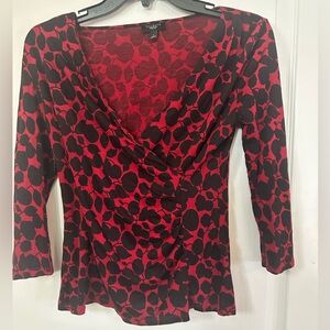 Valentines Day! Talbots Red and Black Patterned Faux Wrap Blouse Size P